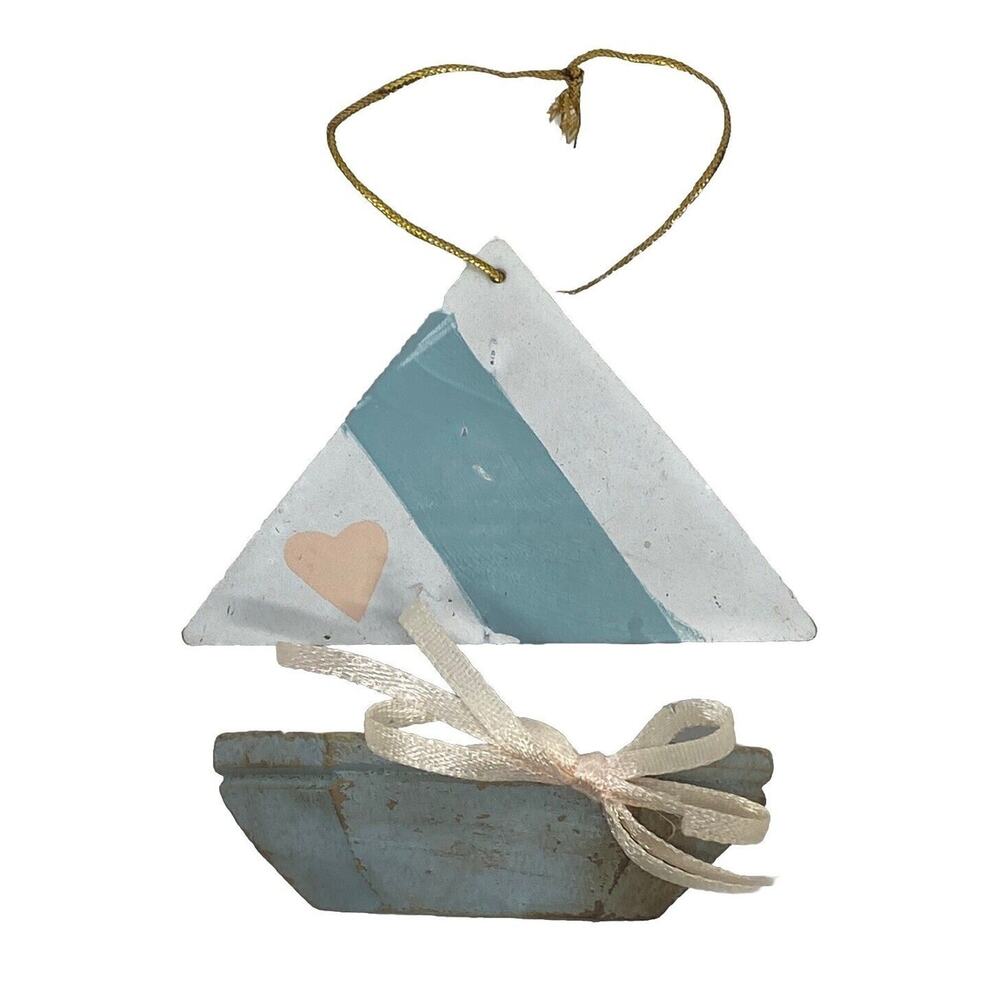 Vintage 3.5” Sailboat Ornament Painted Rustic Blue White Wood Metal Pink Heart